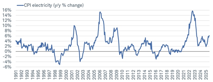 The electricity component of the Consumer Price Index (CPI) is rising at a brisk pace relative to history (outside of major spikes like during the pandemic-induced rupture a few years ago).
