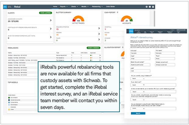 iRebal's powerful rebalancing tools are now available for all firms that custody assets with Schwab. To get started, complete the iRebal interest survey, and an iRebal service team member will contact you within seven days.