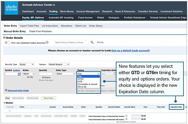 New features let you select either GTD or GT6m timing for equity and options orders. Your choice is displayed in the new Expiration Date column.
