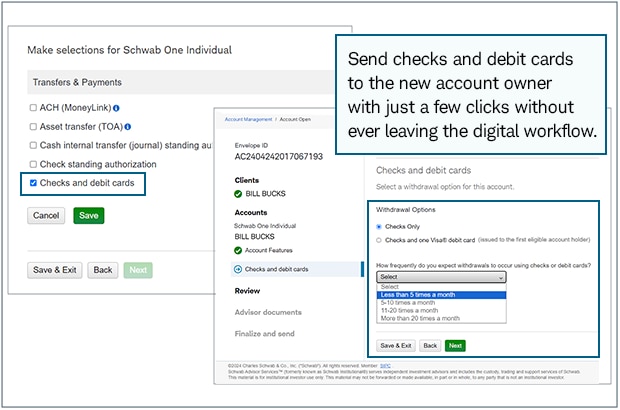 Send checks and debit cards to the new account owner with just a few clicks without ever leaving the digital workflow.