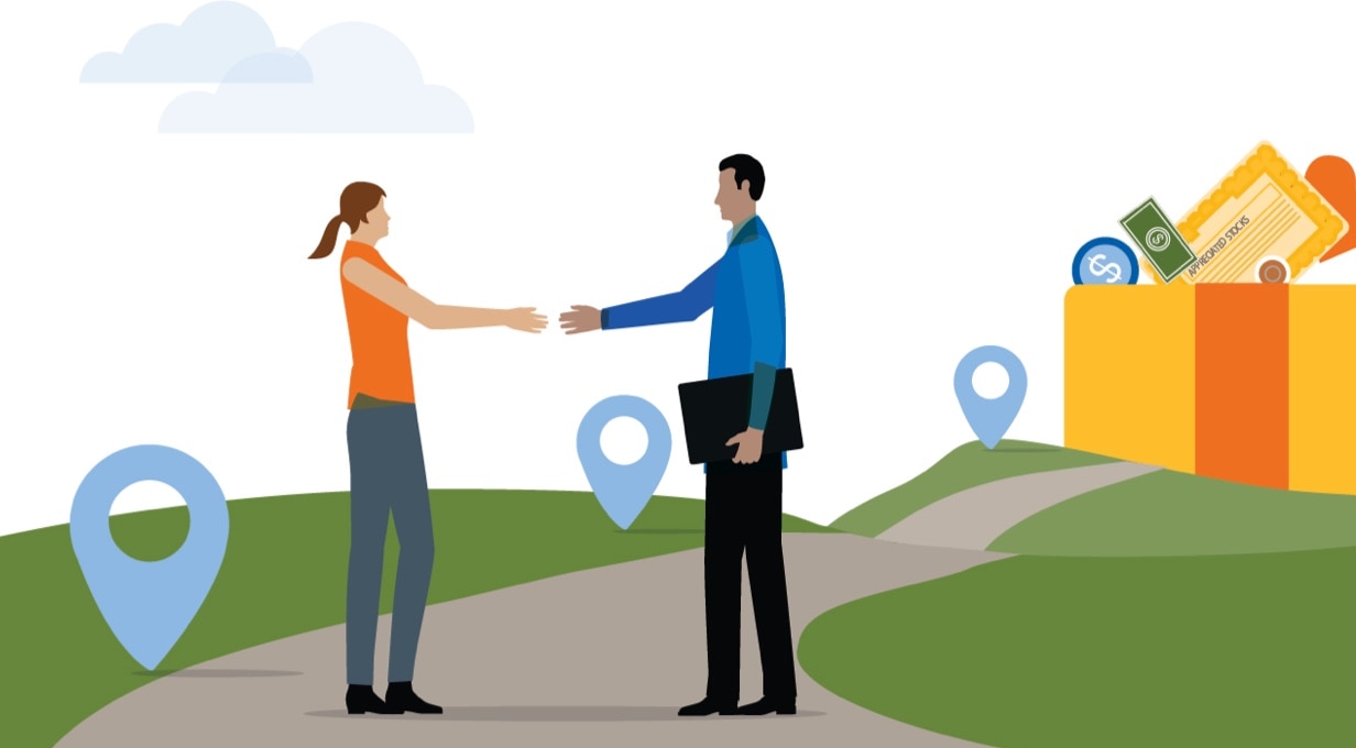 An illustration of two people reaching out to shake hands.