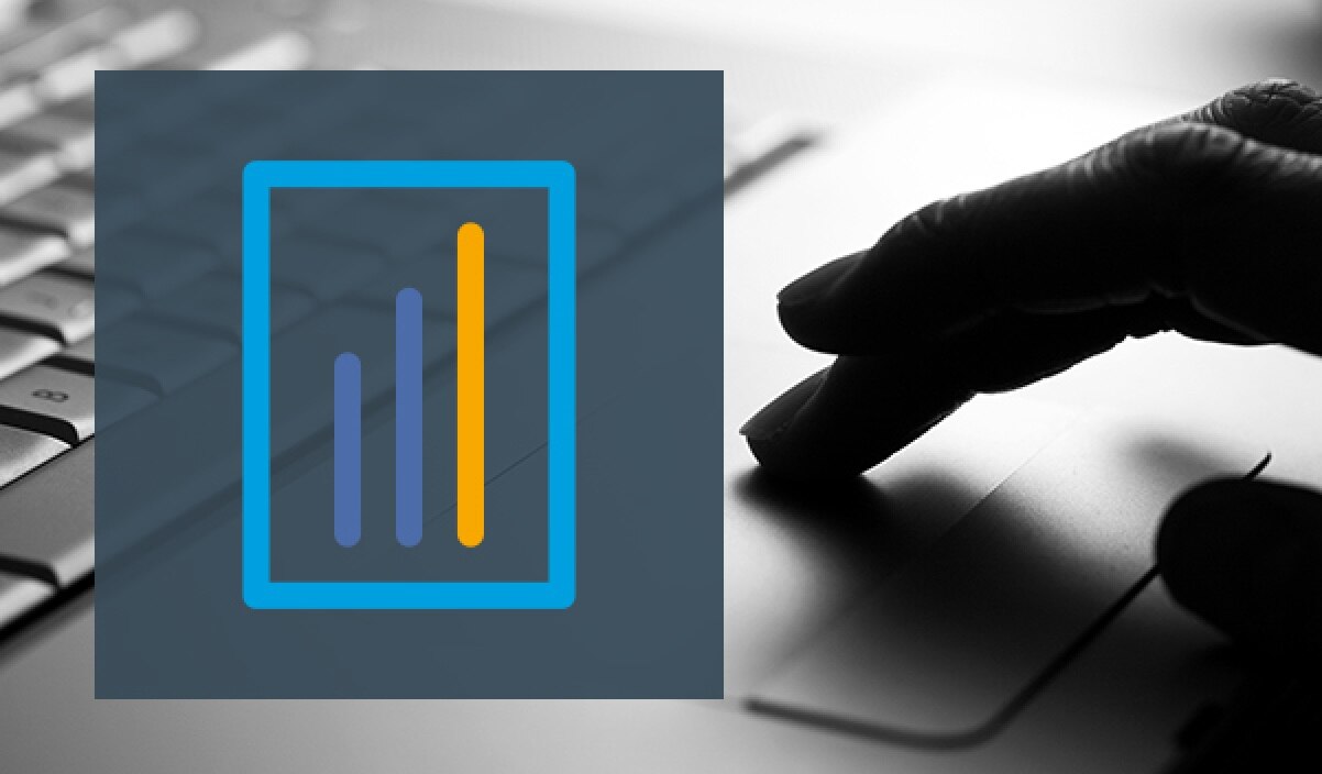 A bar chart icon is shown on a photo of a person's fingers using a laptop trackpad. 