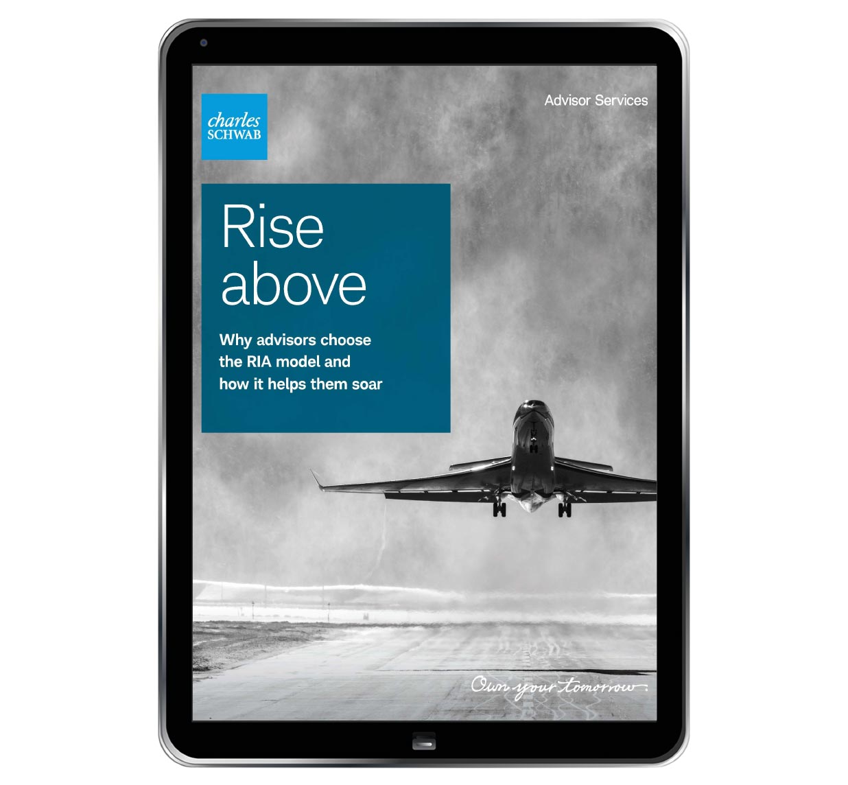 A tablet shows the cover of the Rise Above white paper.