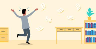 Illustration of a man chasing paper around an office