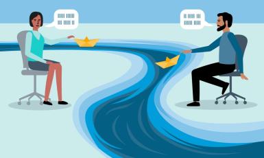 Illustration of two people talking across a river