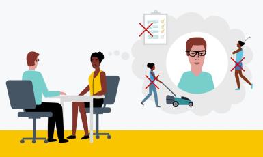 Illustration of a female advisor focusing on their client.