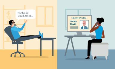 Illustration of two people on the phone. One of them is wearing a mask, claiming to be David Jones. The other person is looking at a computer screen with an image of David Jones that does not match the image of the caller.