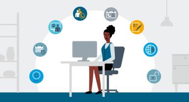 Illustration of a woman at a desk, surrounded by task icons.